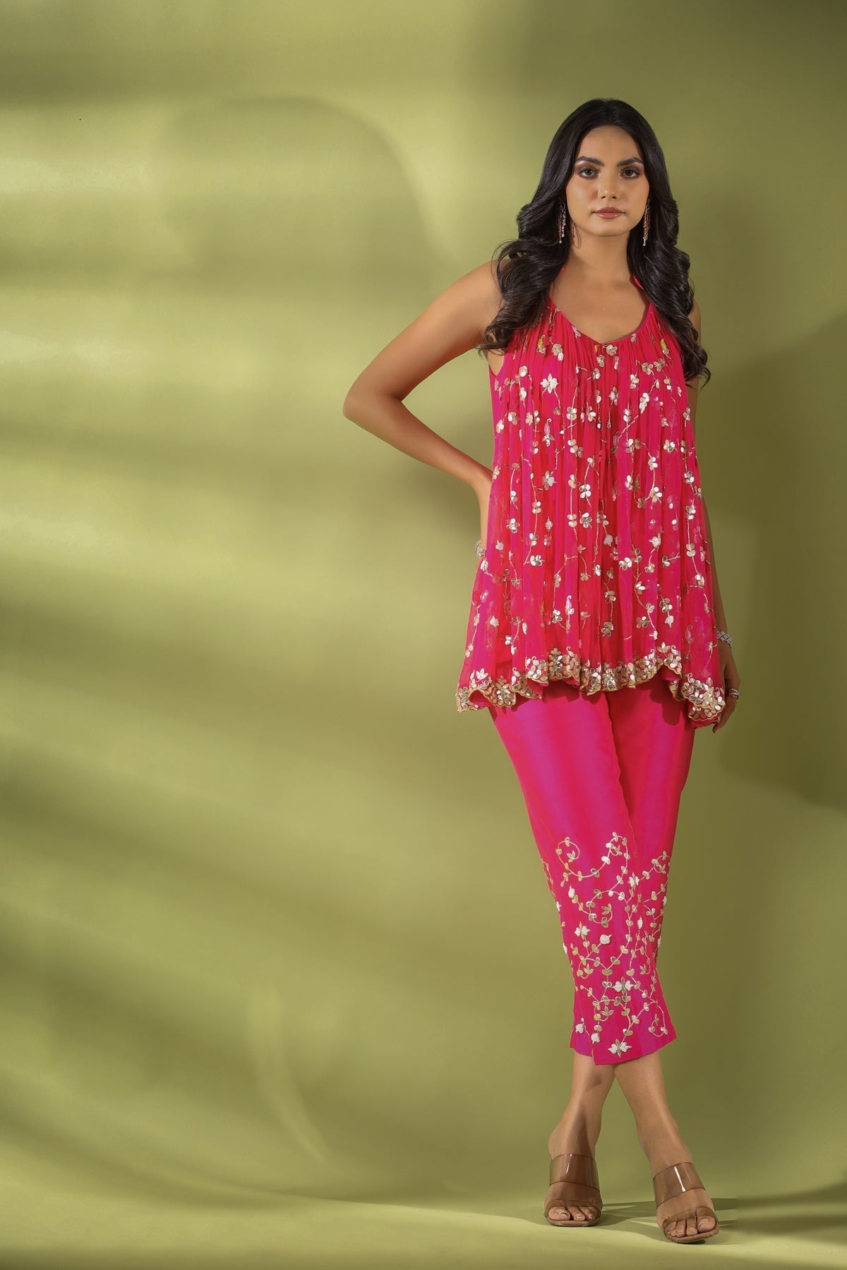 Image of Haseena phool jaal gota patti tunic pants co-ord set in fuchsia