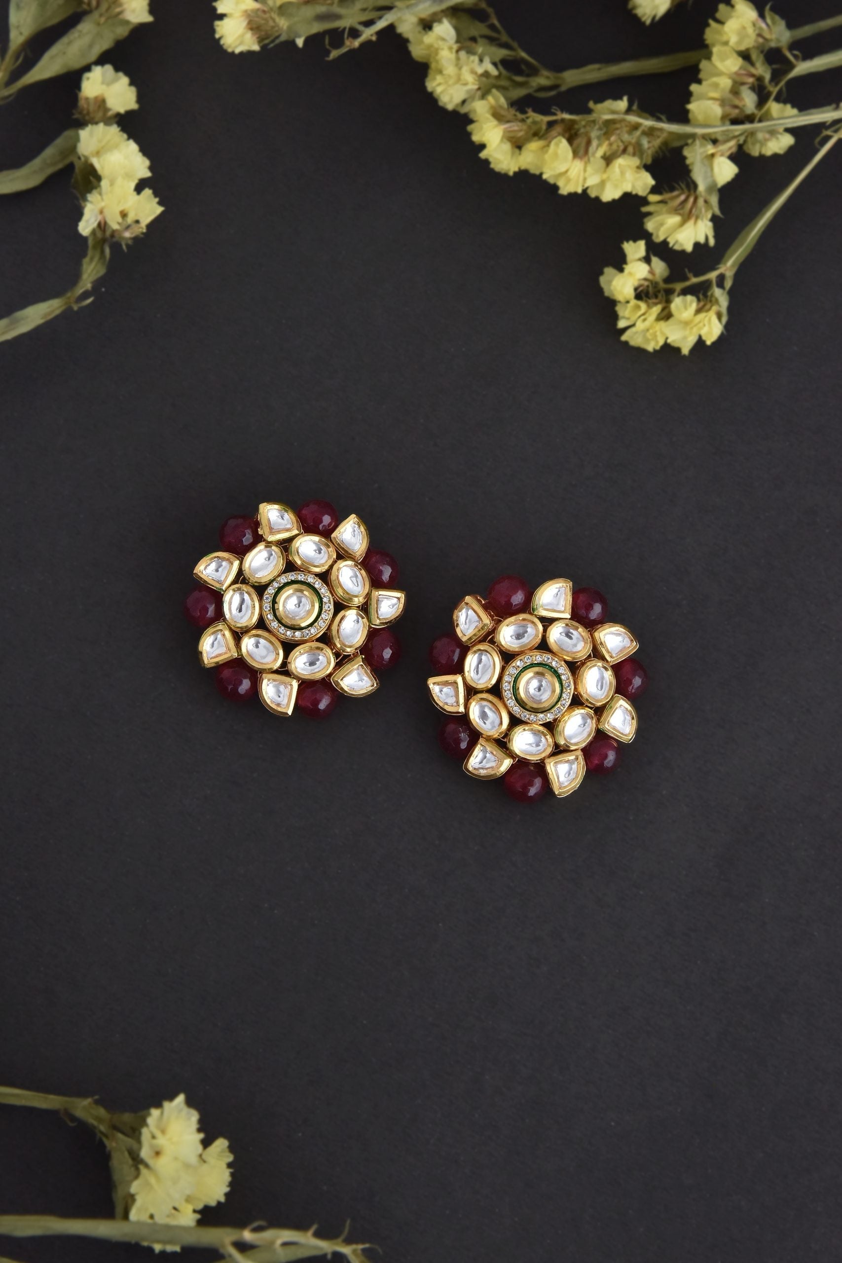 Red Gold Tone Kundan Stud Earrings