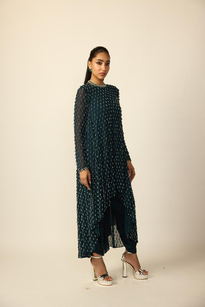 Dark Teal Silver Drop Kurta With Stole