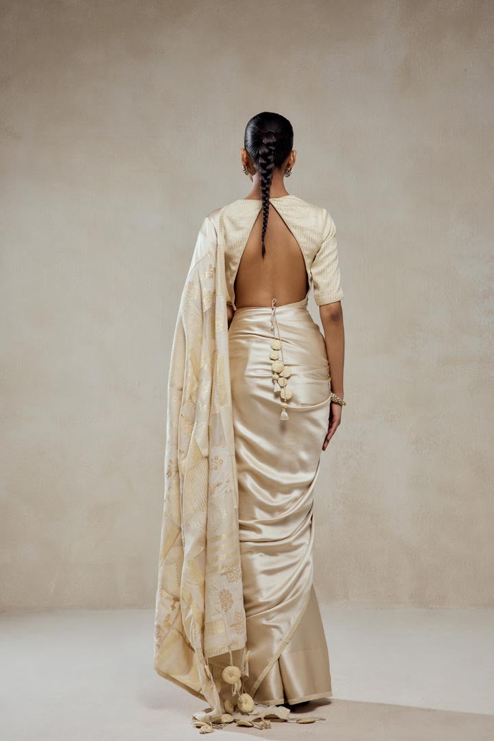 Ivory Monga Tissue Gold Striped Saree Set - Elegant Ethnic Wear