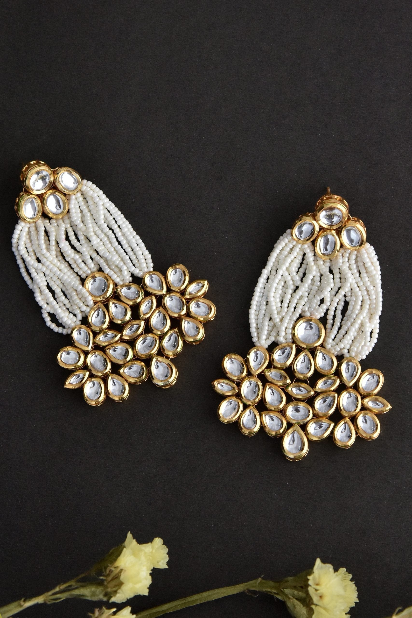 White Gold Tone Kundan and Pearl Dangler Earrings