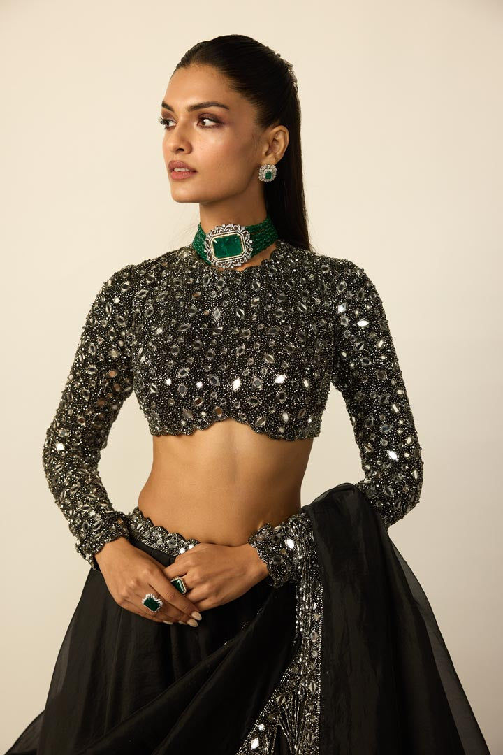 Black Tassel Dupatta Lehenga Set