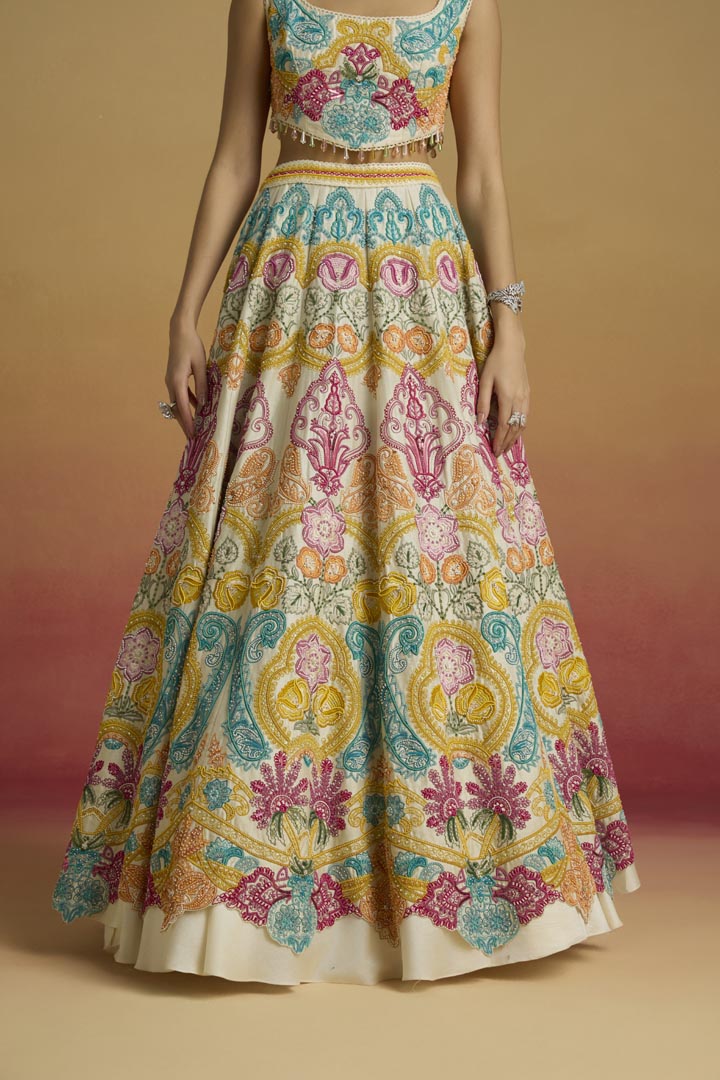 Ivory Paisley Cordwork Chanderi Lehenga for Luxury Weddings