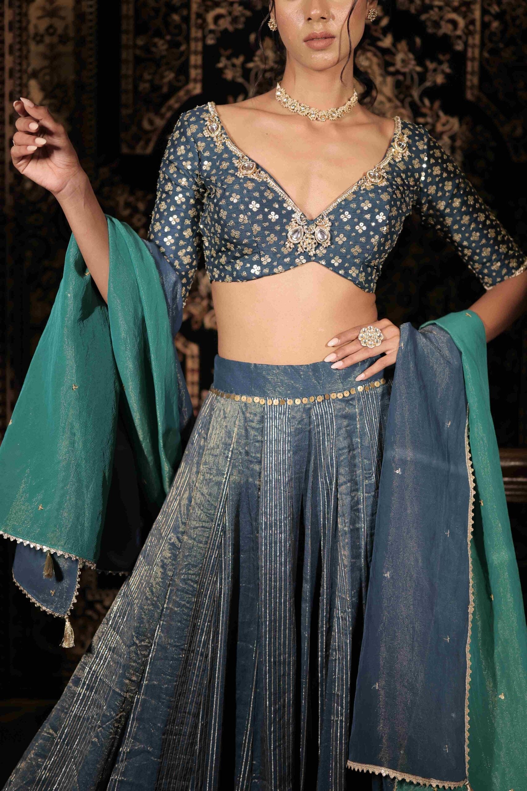 The " Neelaya" lehenga set ,Midnight blue kundan and sequins embroidered banarasi lehenga set