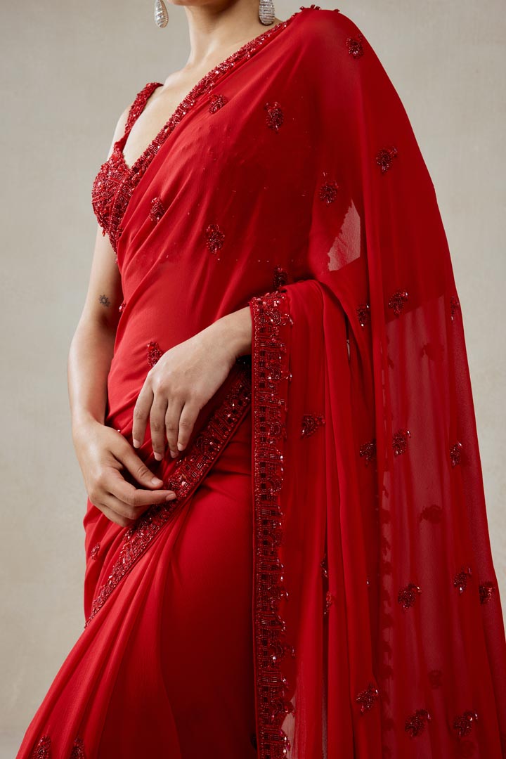 Red Georgette Saree Set with Embellished Blouse for Weddings