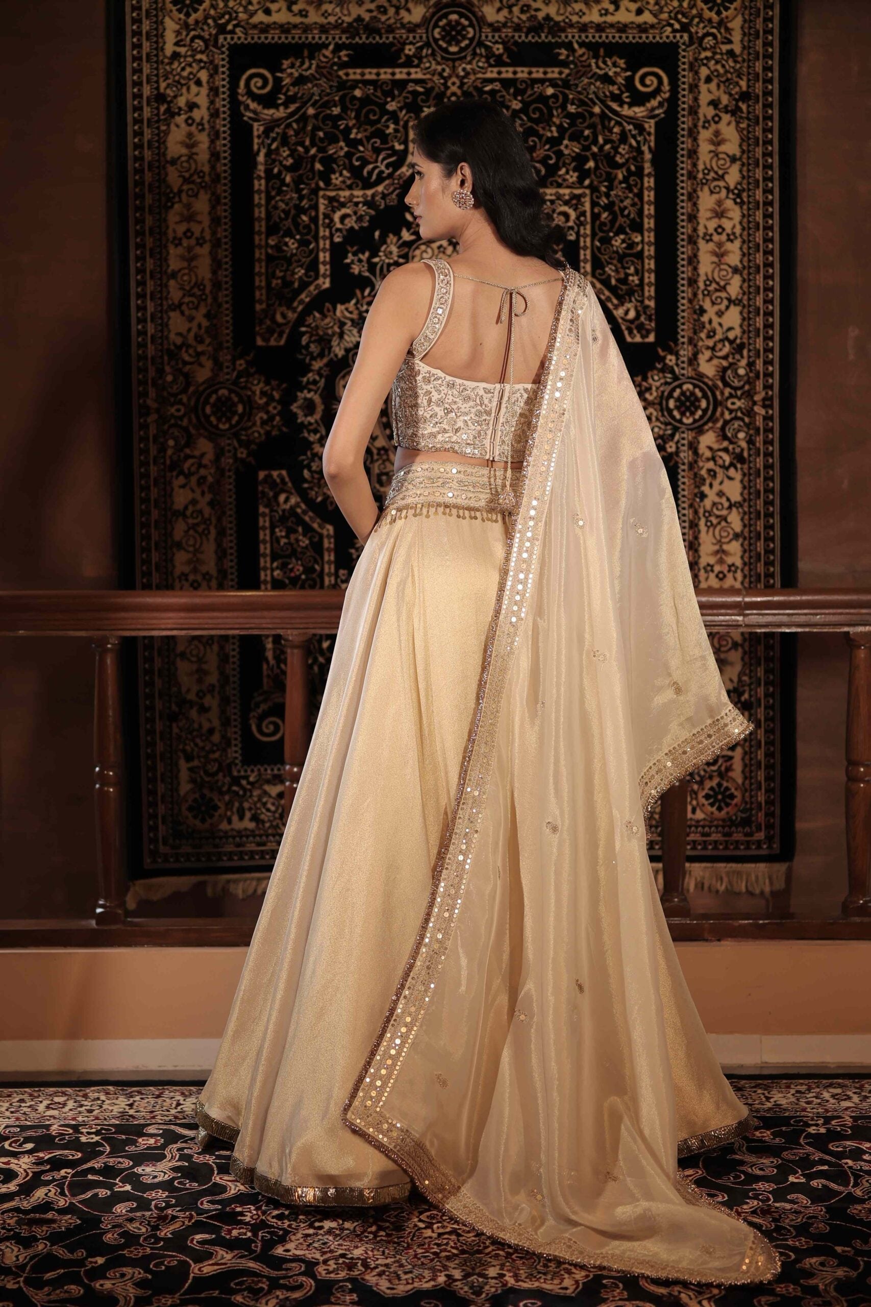 The "Roopmati " lehenga set / Ivory gold zardozi floral embroidered tissue lehenga set