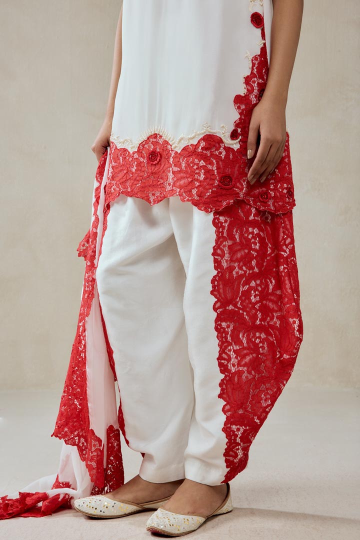 White Georgette Red Lace Applique Suit Set - Designer Festive Wear
