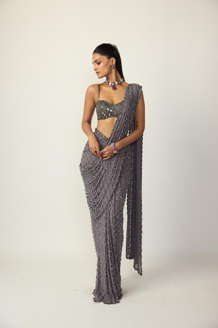 Metallic Grey Single Drop Draped Saree Set