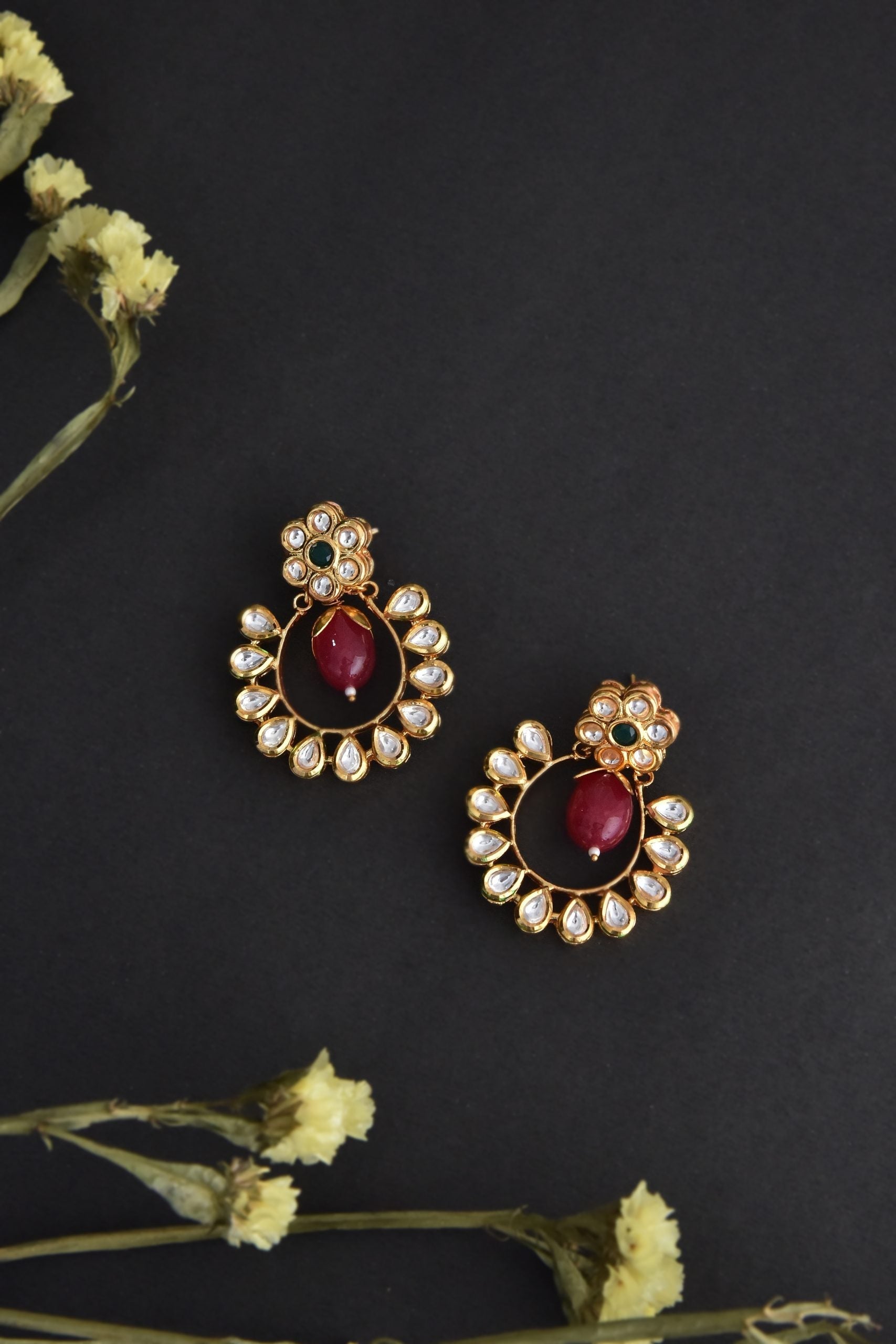 Multicolour Gold Tone Kundan Chandbali Earrings