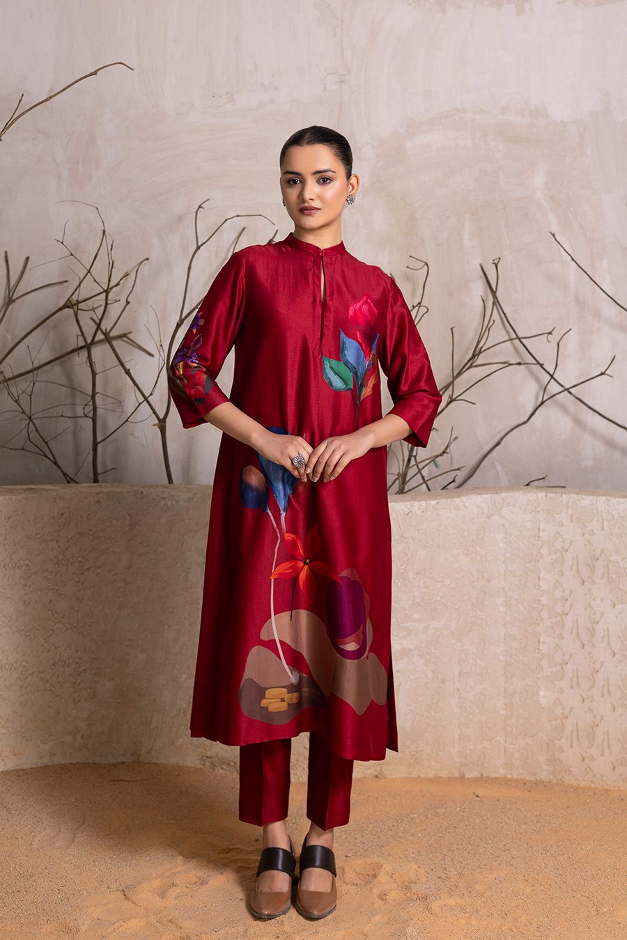 Red Silk Chanderi Printed Tunic (1 PC)