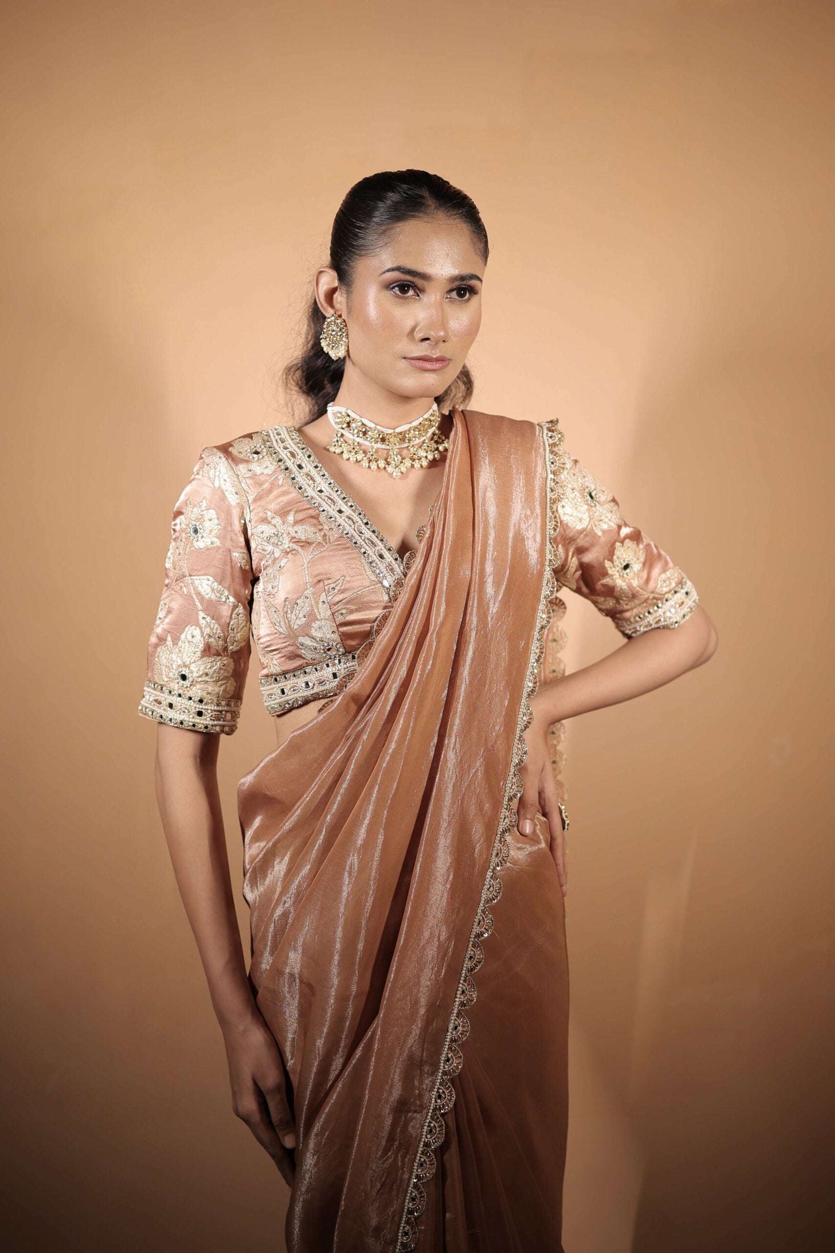 The " Whisparing Rose " saree set /Rose gold zardozi and mirror embroidered banarasi blouse and tissue saree set
