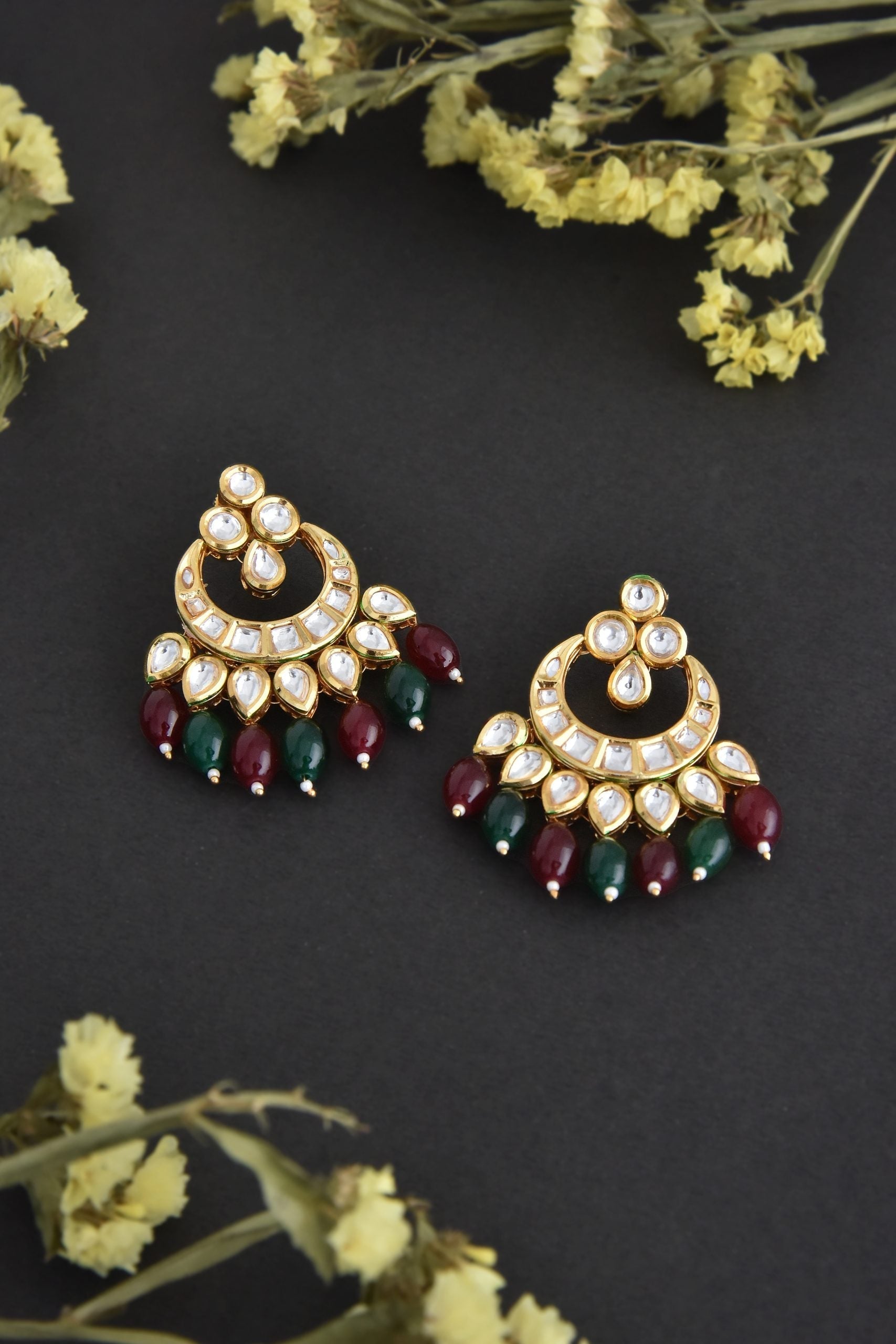 Multicolour Gold Tone Kundan Chandbali Earrings