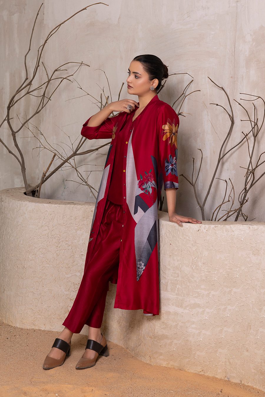 Red Silk Chanderi Printed Front Open Dress (1 PC)