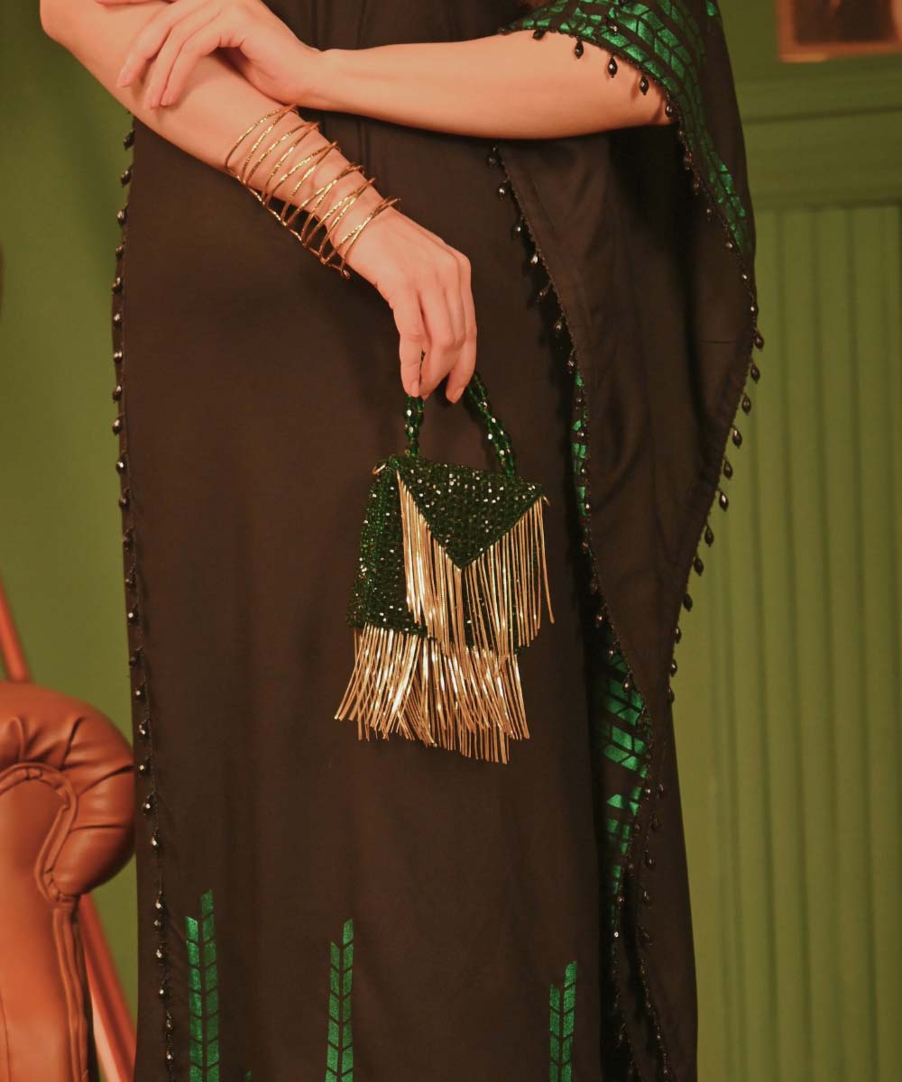Natali Green Embellished Mini Bag With Gold Chain