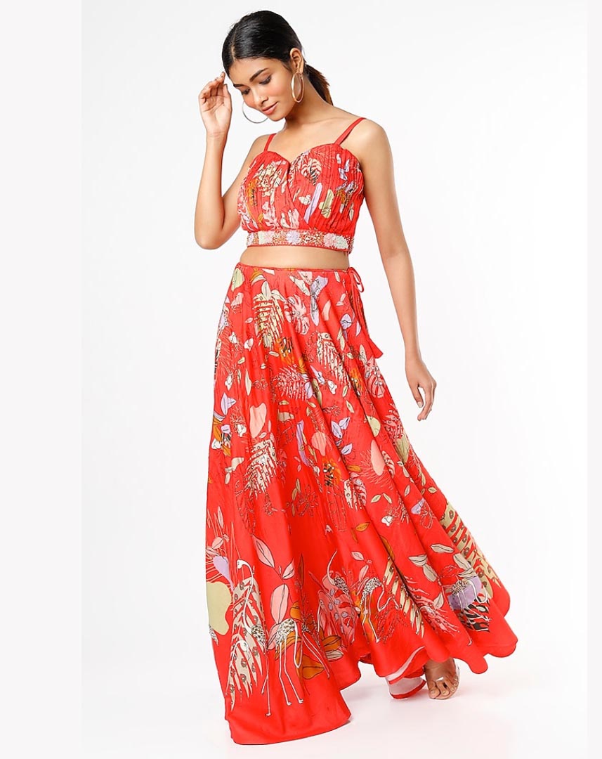 Red Embroidered & Printed Lehenga Set