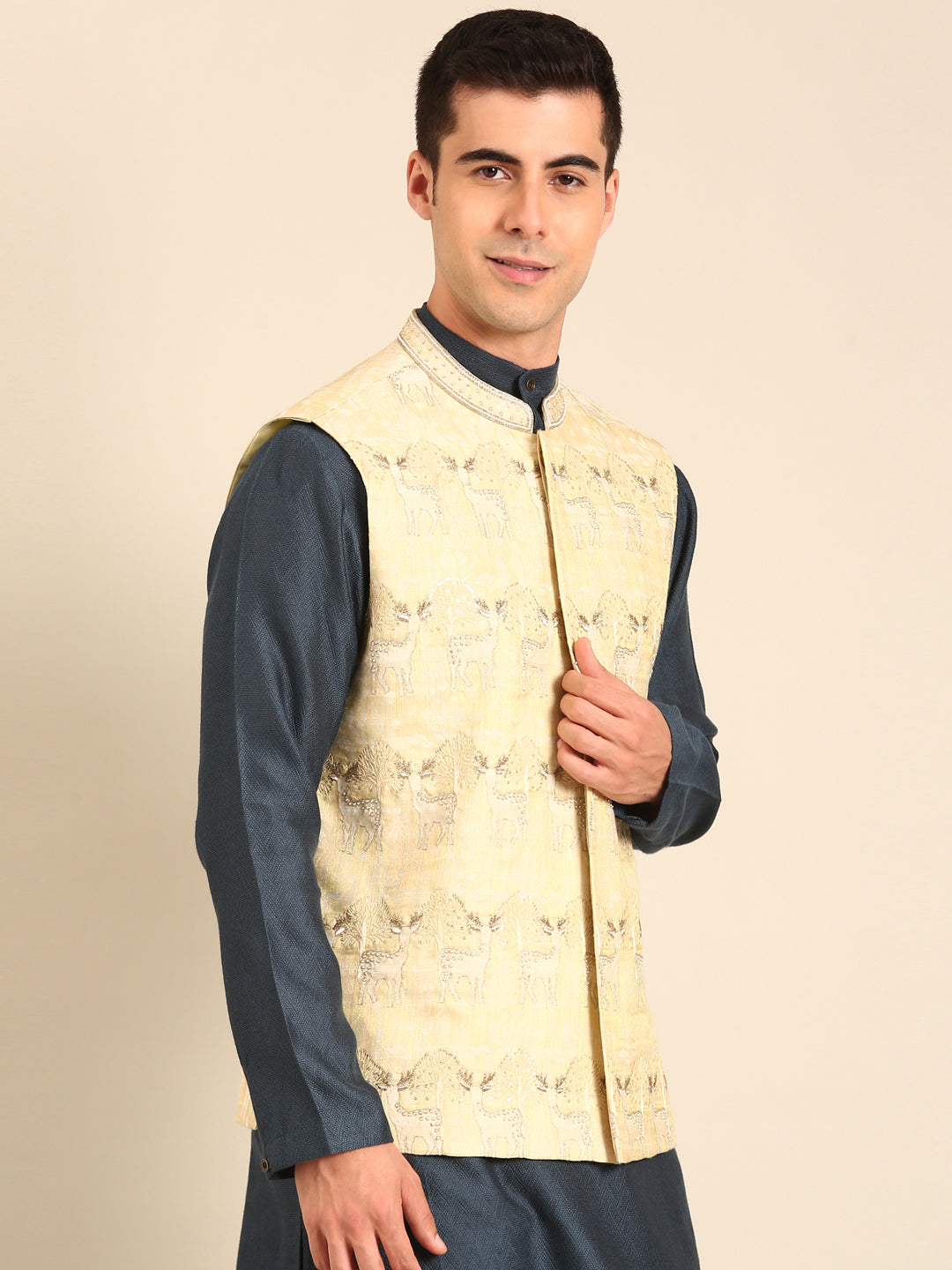 Green-Gold Silk Jacquard Nehru Jacket