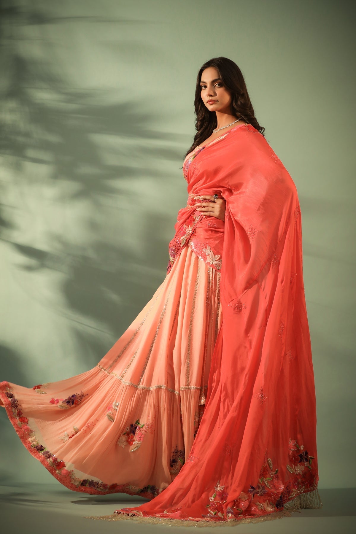 Image of Haseena coral & peach tier kali combo lehenga set