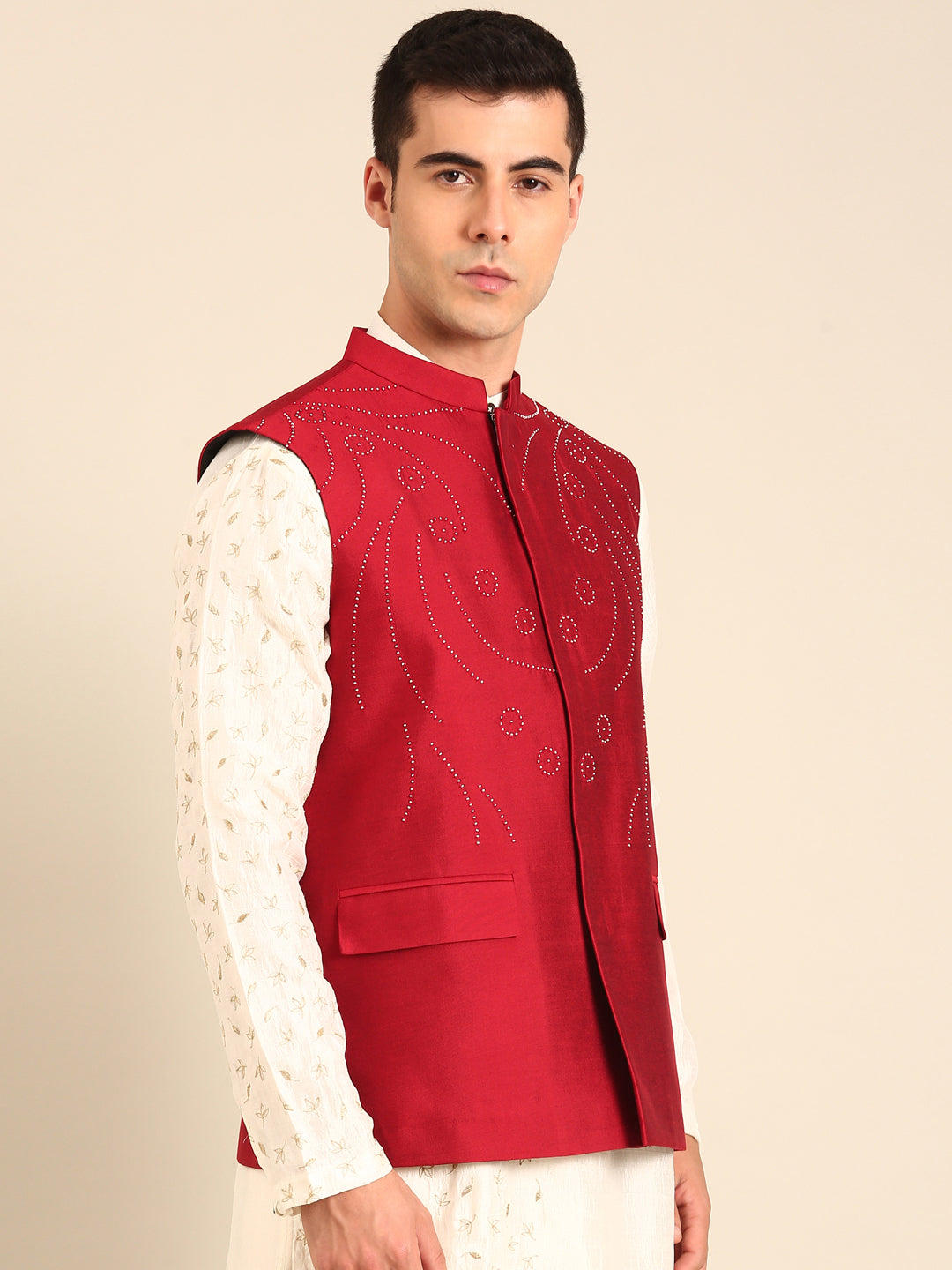 Red Silk Cotton Nehru Jacket