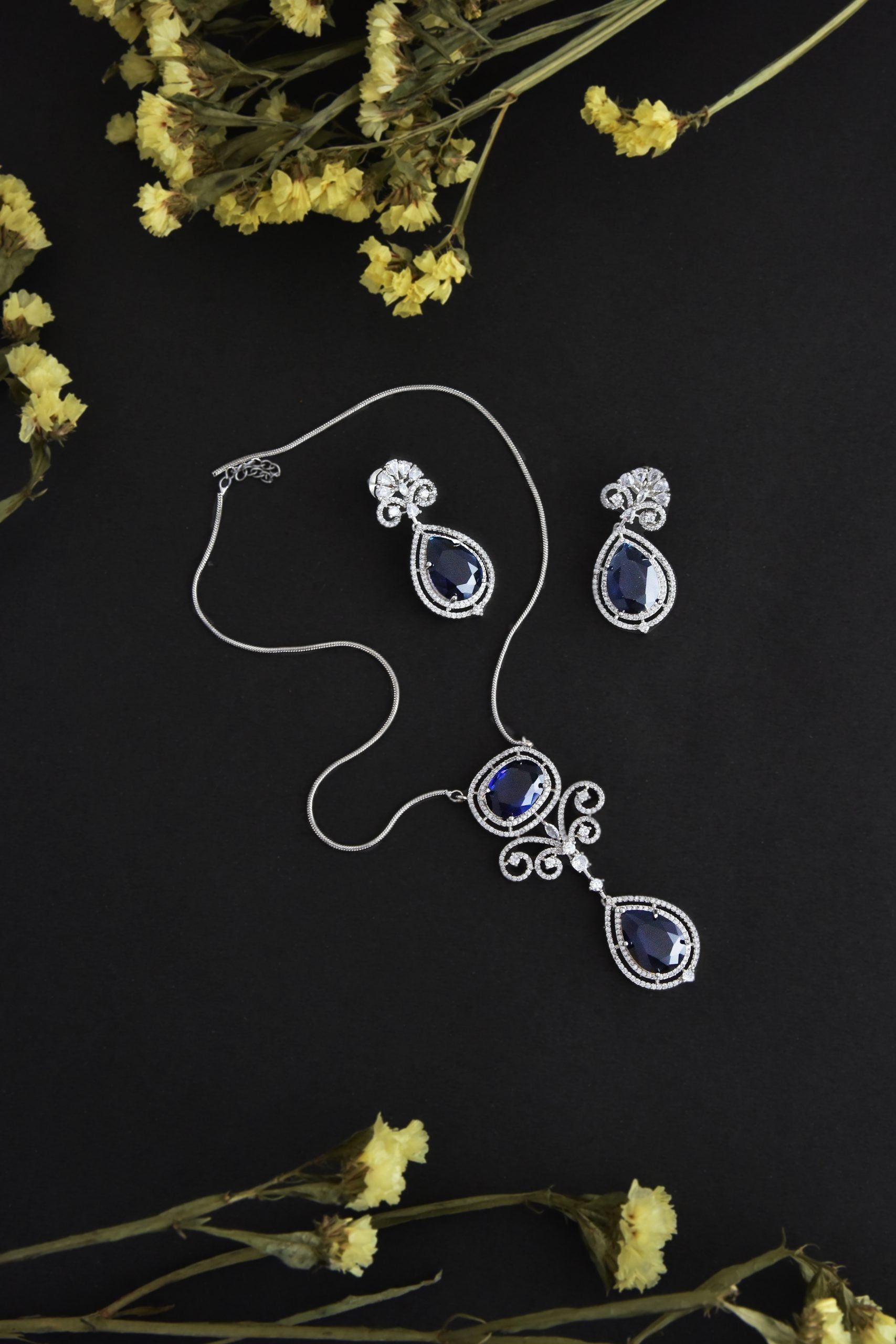 Sapphire Silver Tone Zirconia Necklace Set