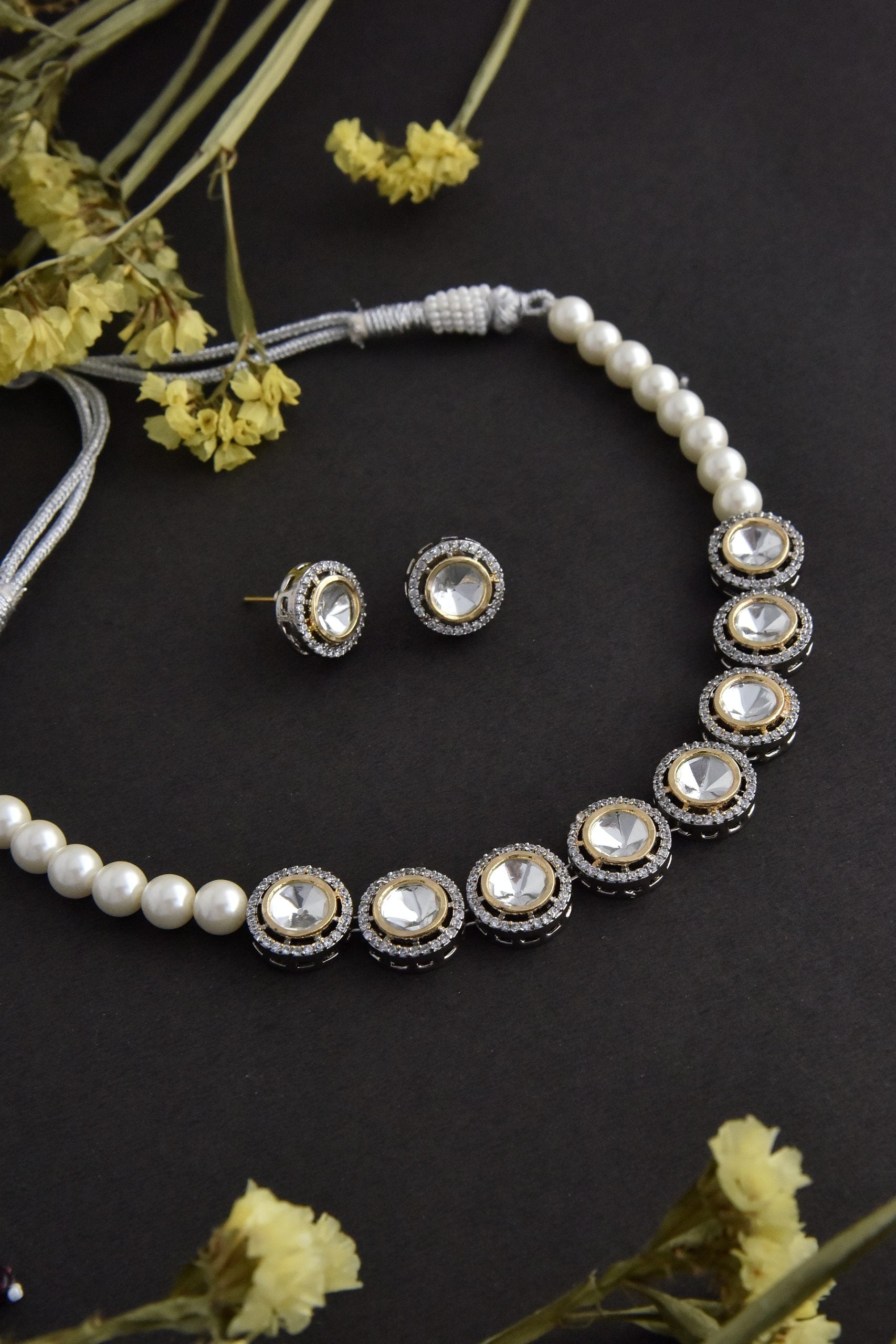 White Silver Tone Polki and Pearl Choker Set