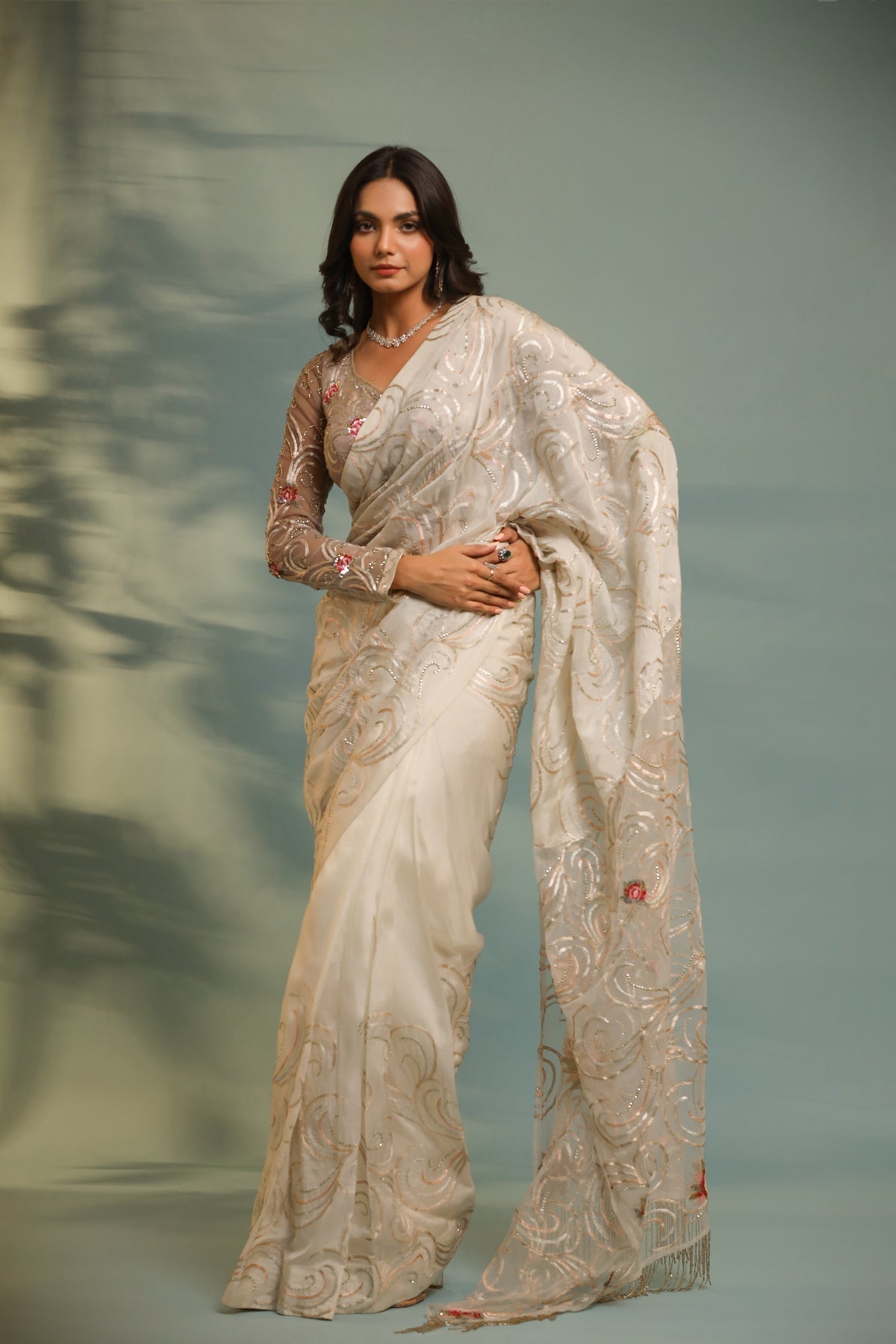 Image of Haseena ivor-grey swirl jaal saree set