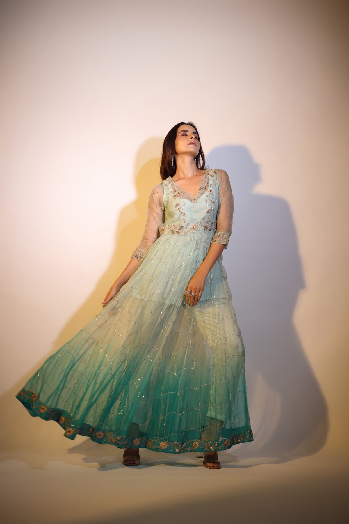 Image of Haseena aqua green ombre organza anarkali set