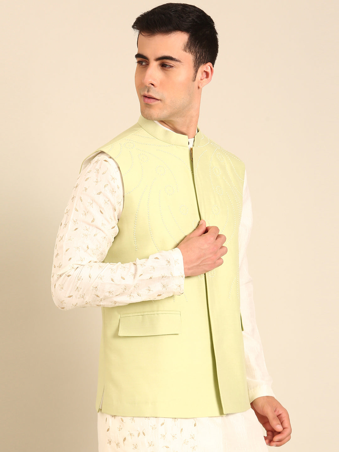 Pista Green Silk Cotton Nehru Jacket