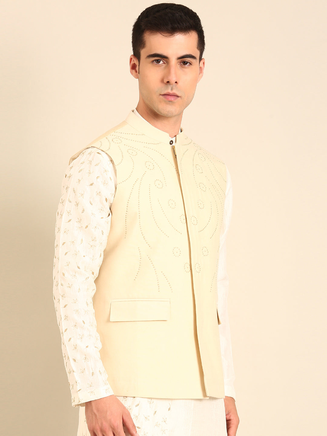 Beige Silk Cotton Nehru Jacket