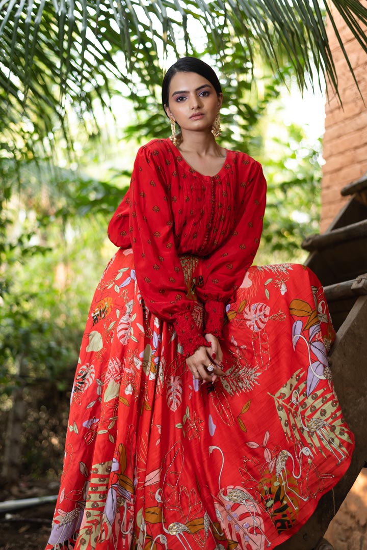 Red Embroidered Skirt Set