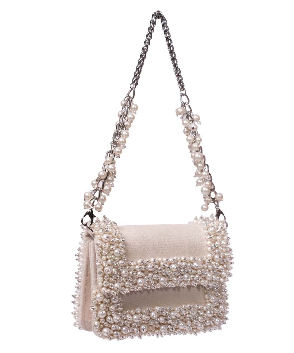 Aliya Ivory Suede Pearl Embellished Mini Bag