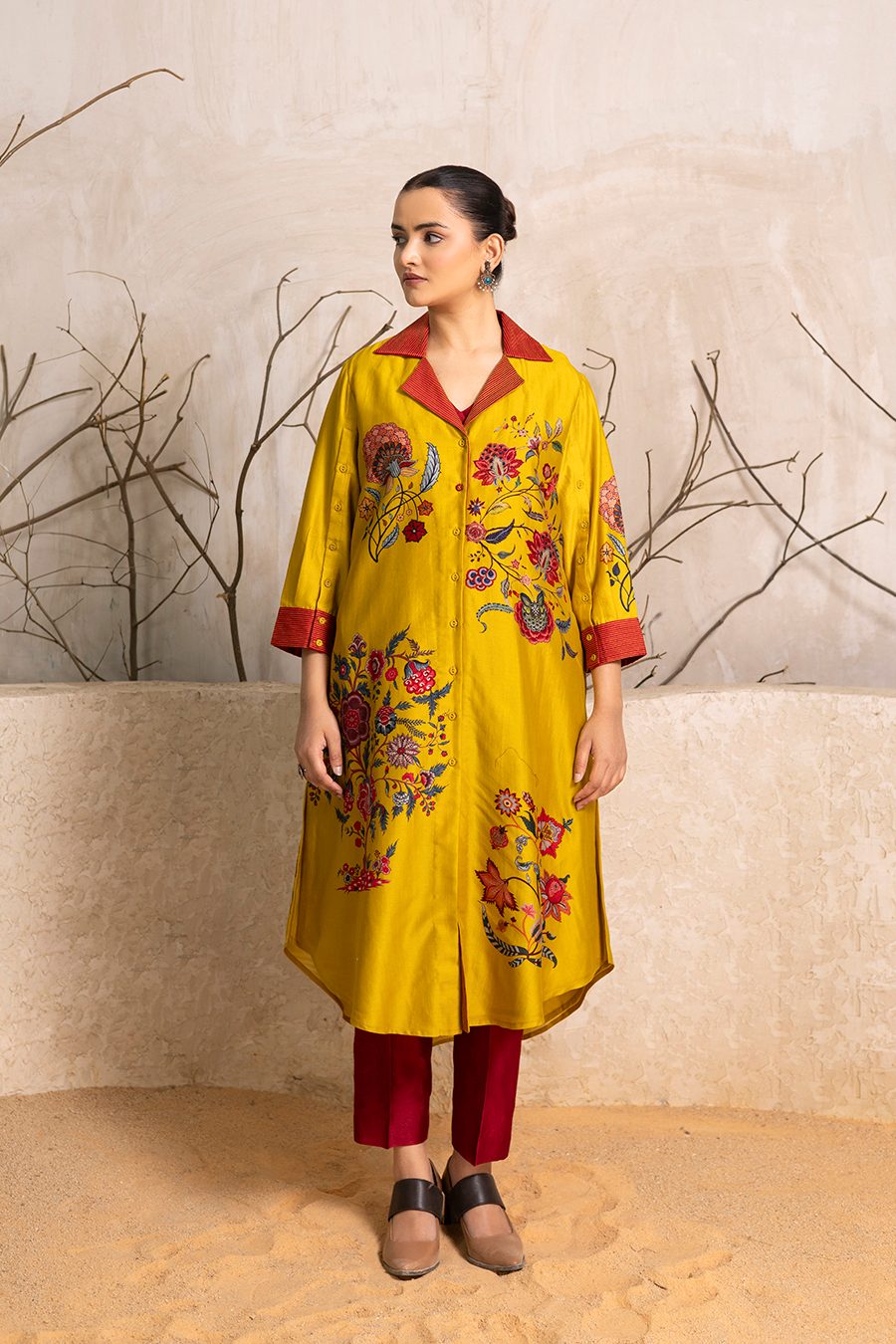 Yellow Silk Chanderi Chintz Printed Front Open Dress (1 PC)