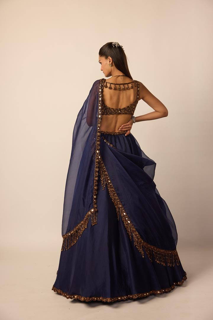 Deep Blue Tassel Dupatta Lehenga Set