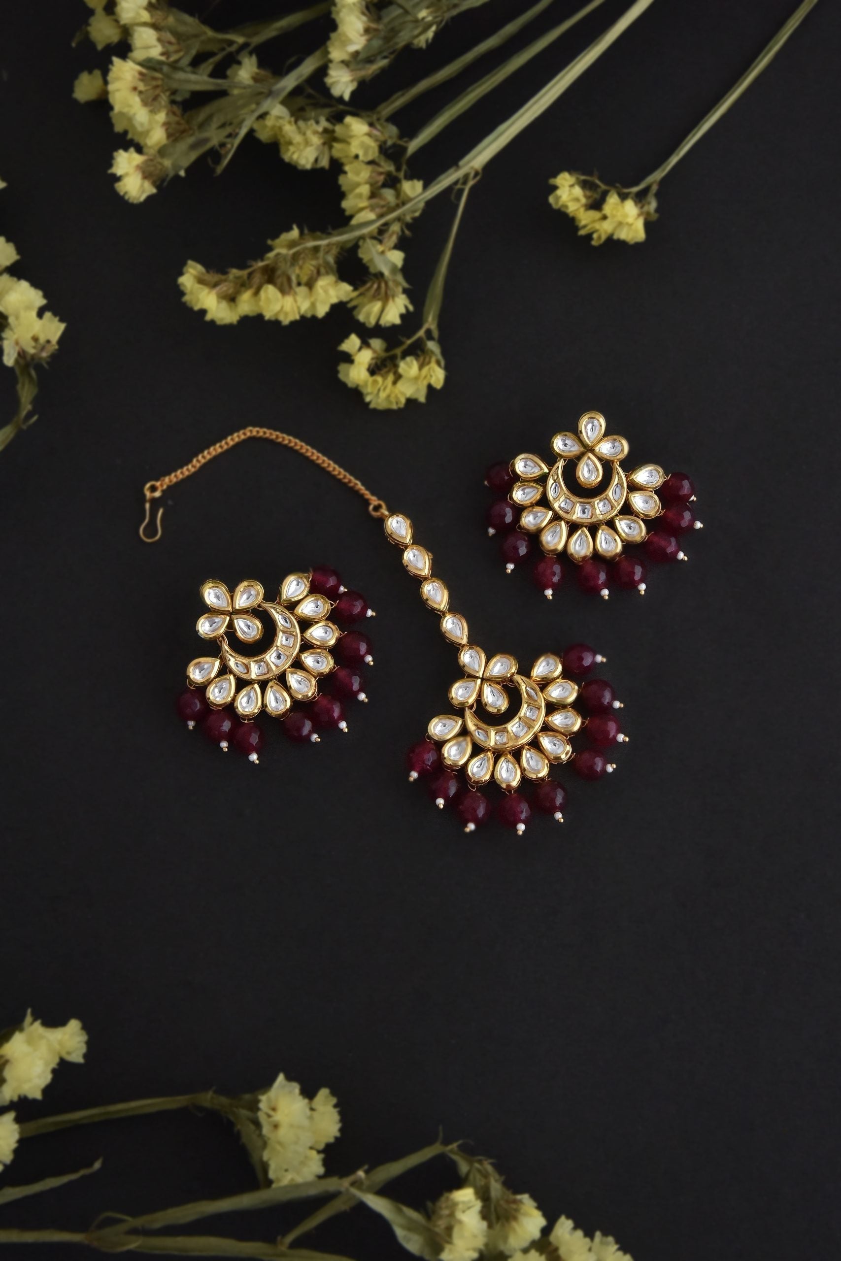 Red Gold Tone Kundan Chandbali Earrings and Tikka