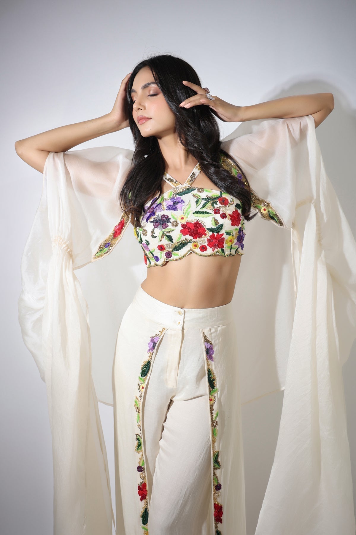 Image of Haseena ivory cape & flutter pants set