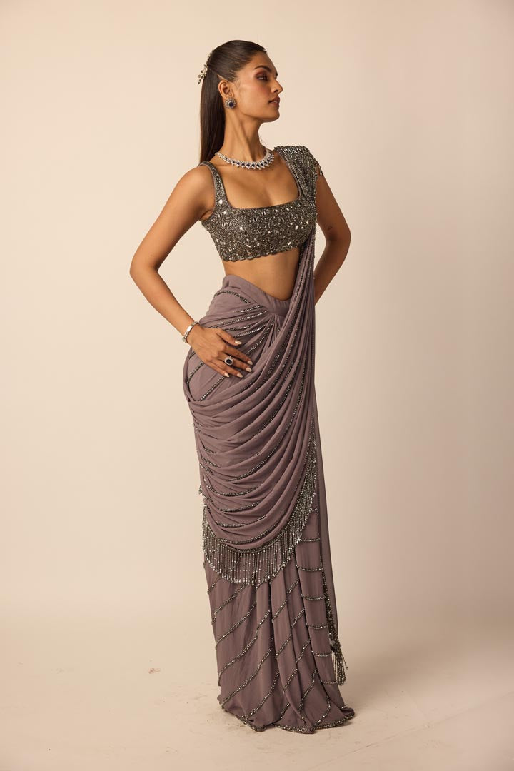 Metallic Grey Linear Draped Saree