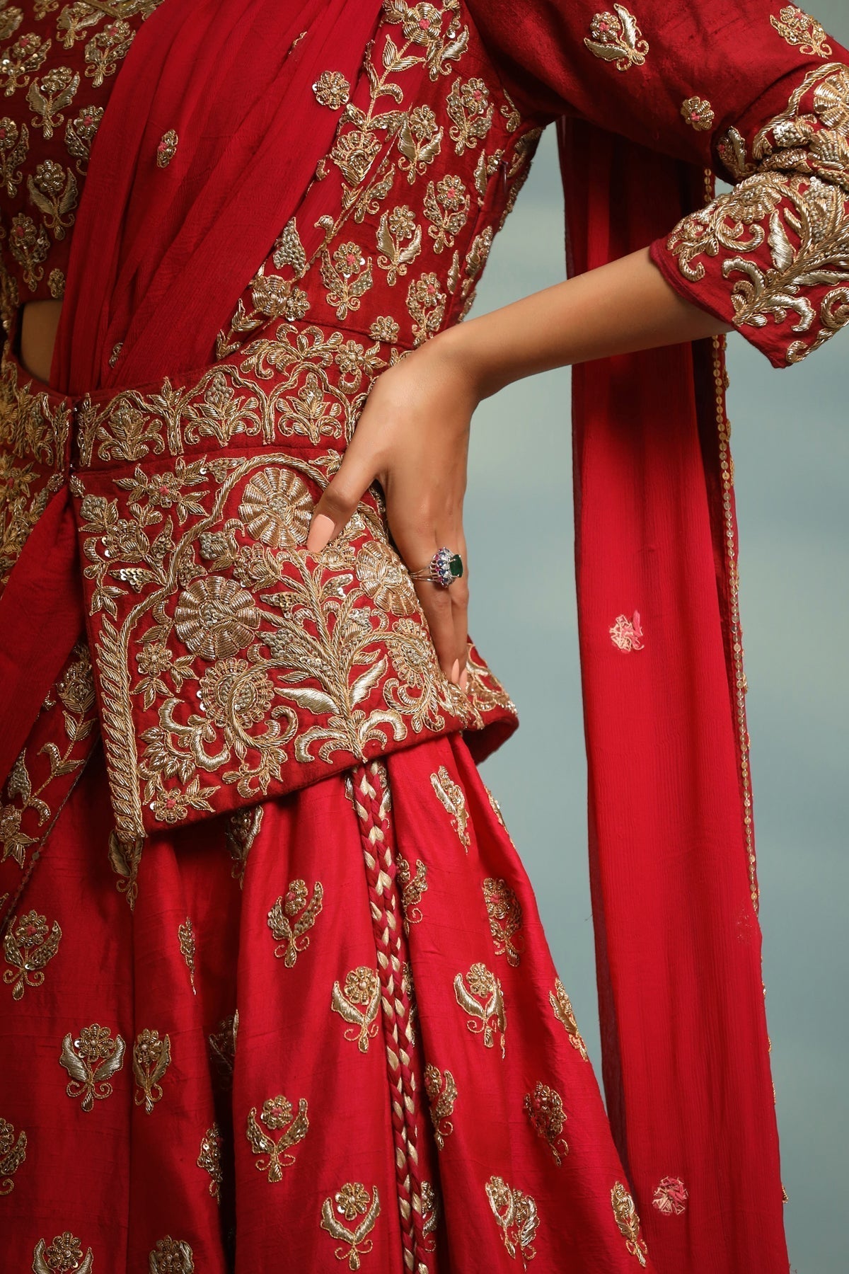 Image of Haseena crimson red structured peplum lehenga set