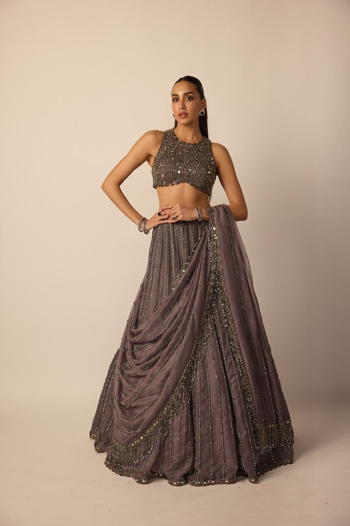 Metallic Grey Linear Lehenga Set