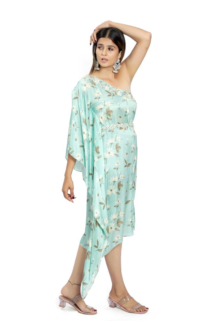 Pastel Blue Embroidered Kaftan With Belt