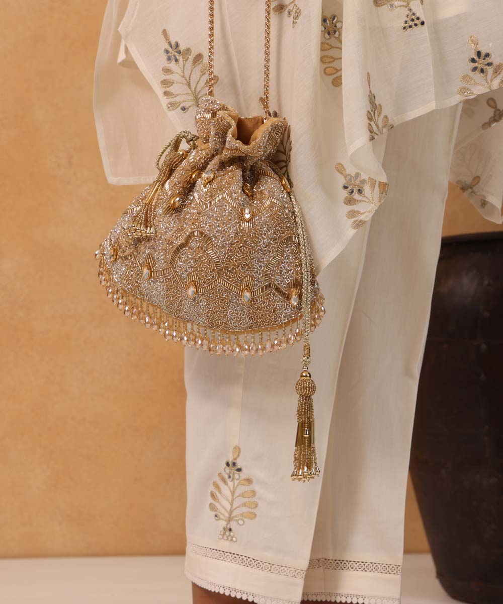 Sunheri Gold and Silver Georgette Embellished Potli
