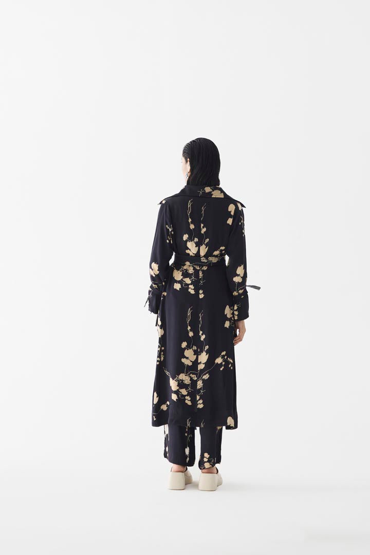 Black Sakura Vegan Silk Trench Coat - Premium Floral Outerwear