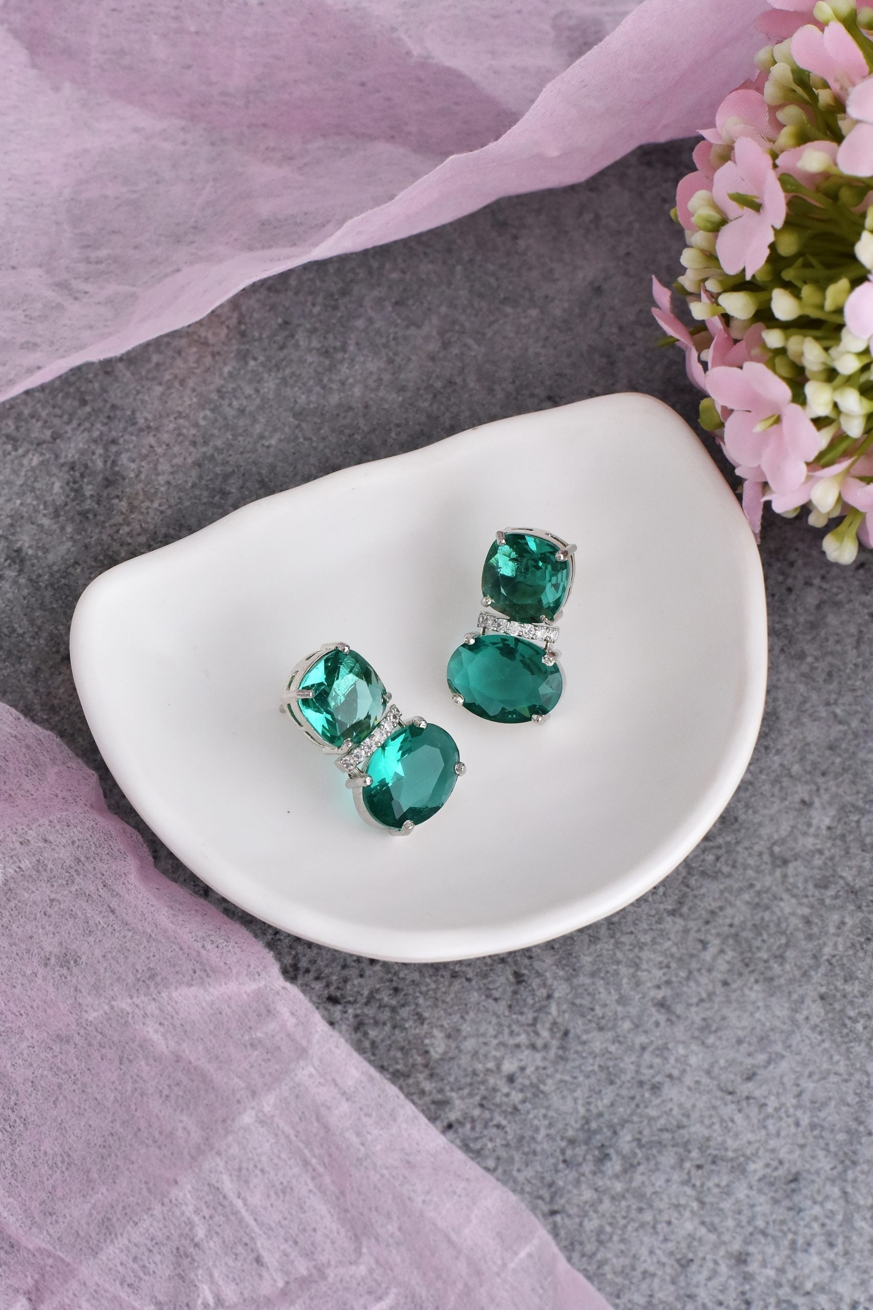 Emerald Silver Tone Zirconia Stud Earrings