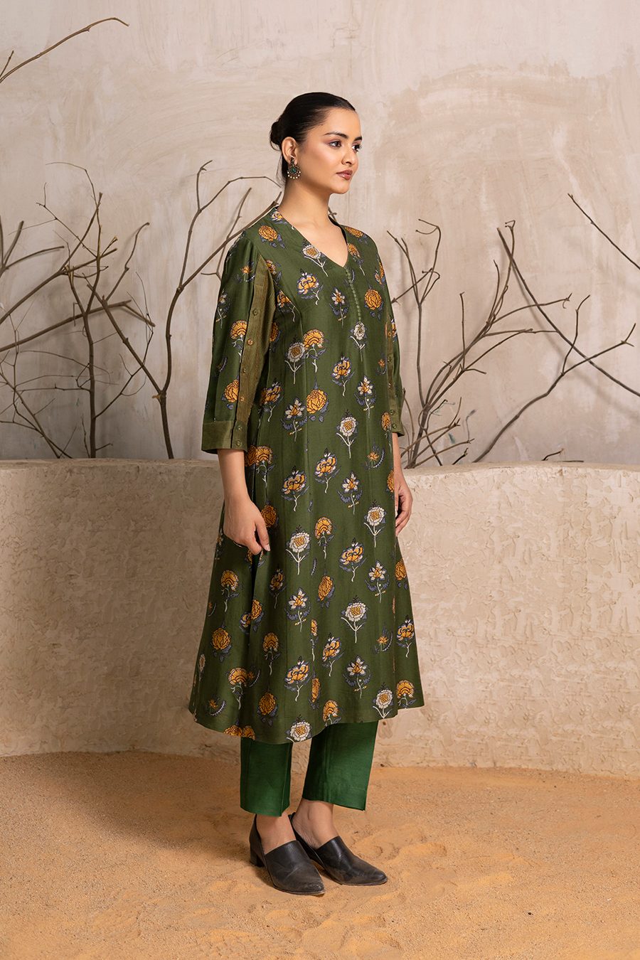 Leaf Green Silk Chanderi Printed Tunic (1 PC)