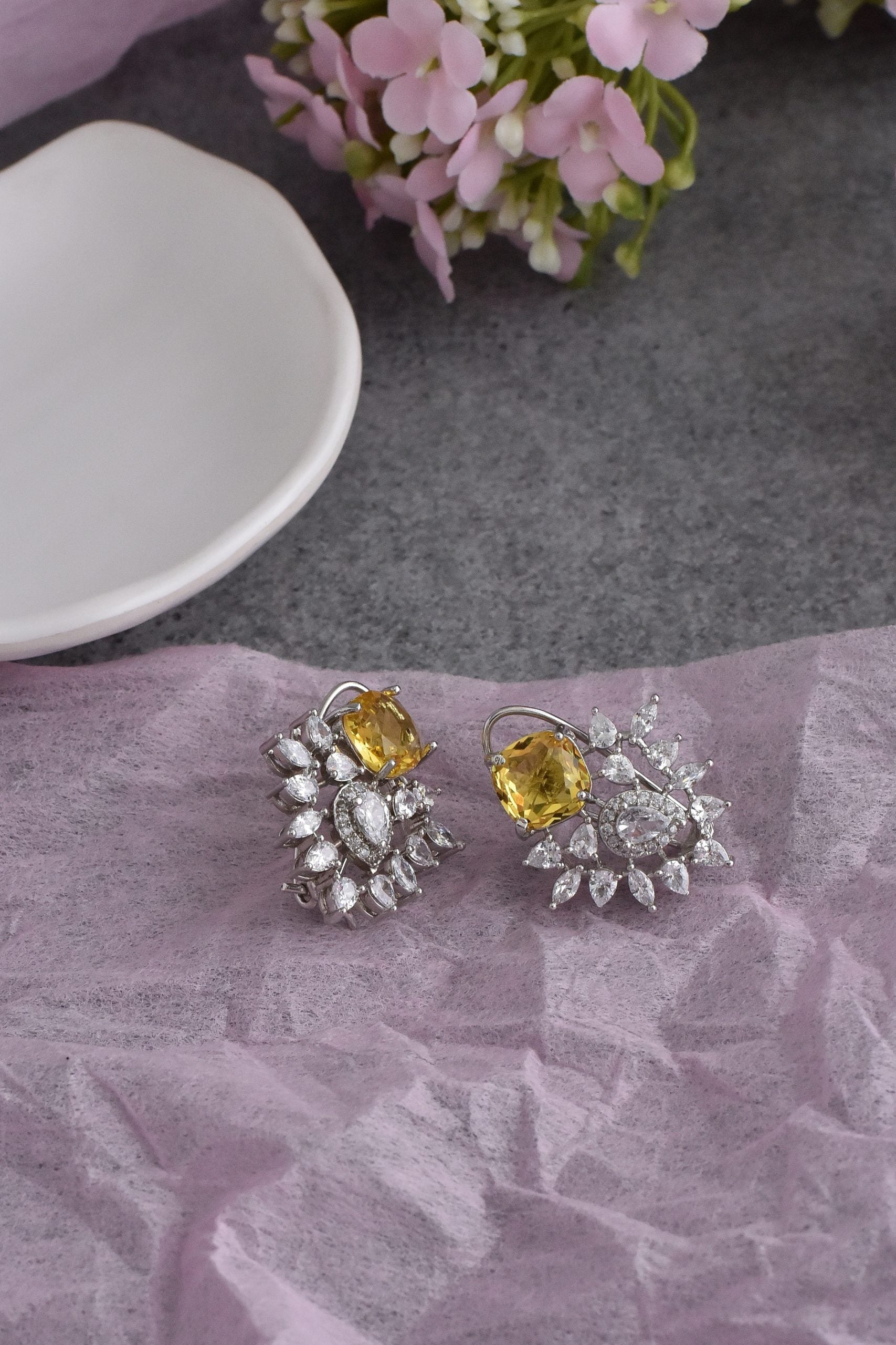 Yellow Silver Tone Zirconia Stud Earrings