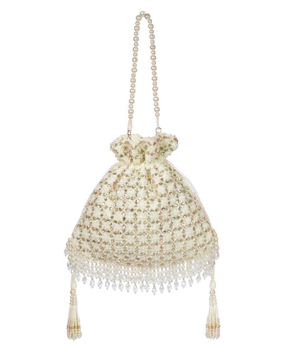 Aafreen Ivory Suede Kundan Embellished Potli