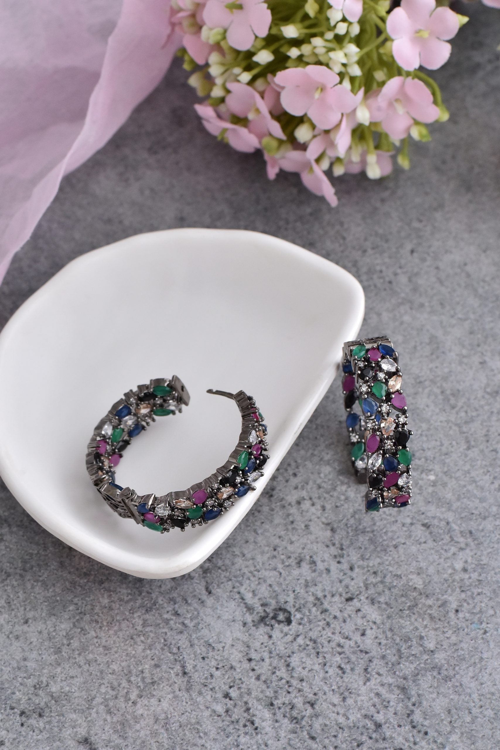 Multicolour Grey Tone Zirconia Hoop Earrings