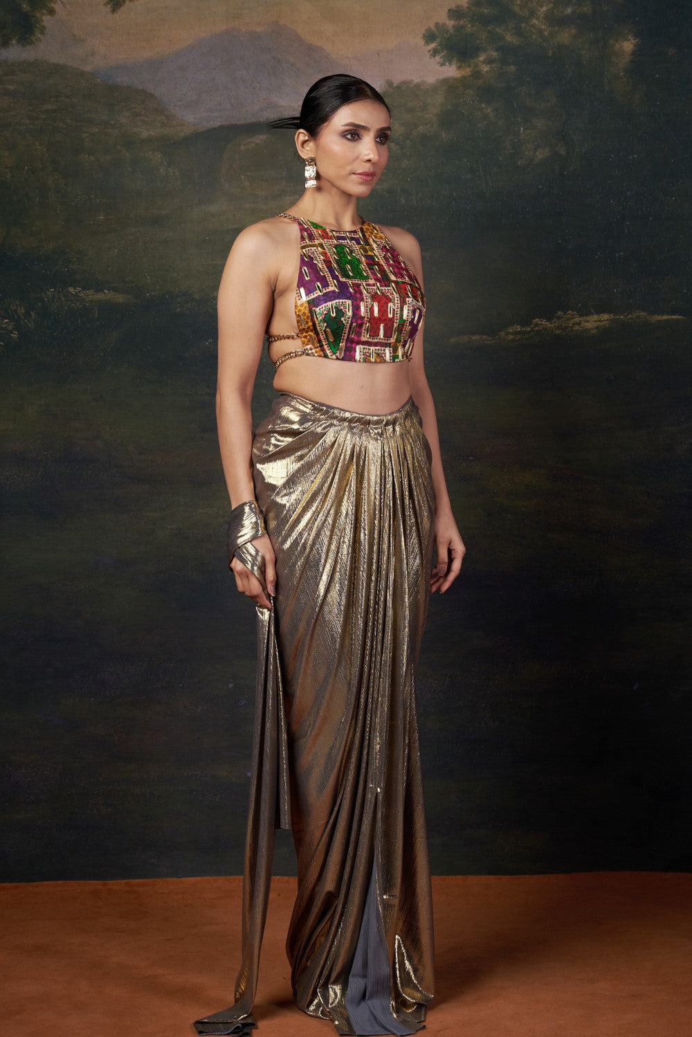 Backless Halter Neck Hand-Embroidered Blouse with Draped Dhoti