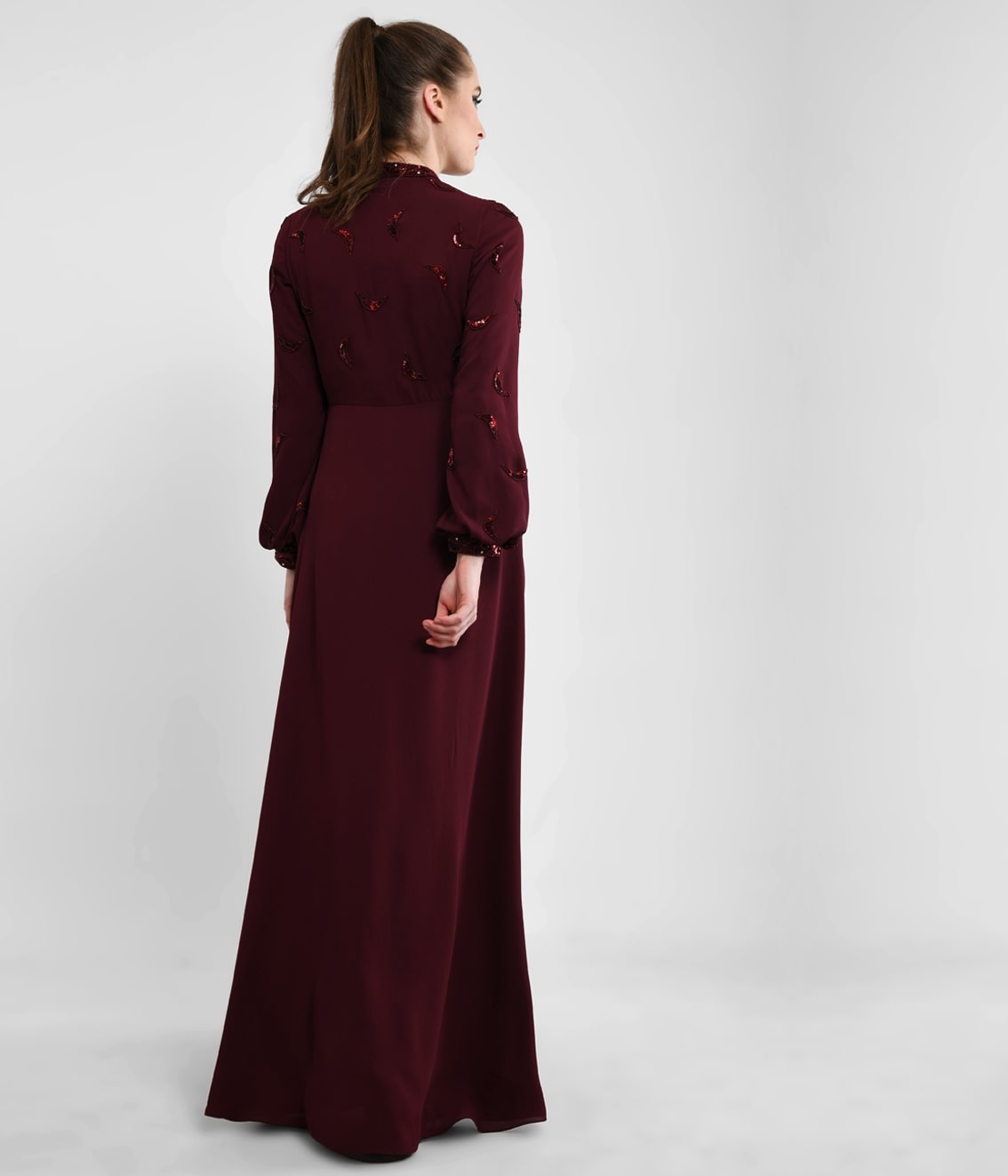 Classy Cranberry Hand Embellished V-neck Dress