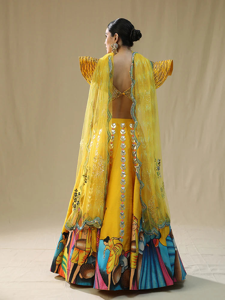 yellow modern baraat lehnga set