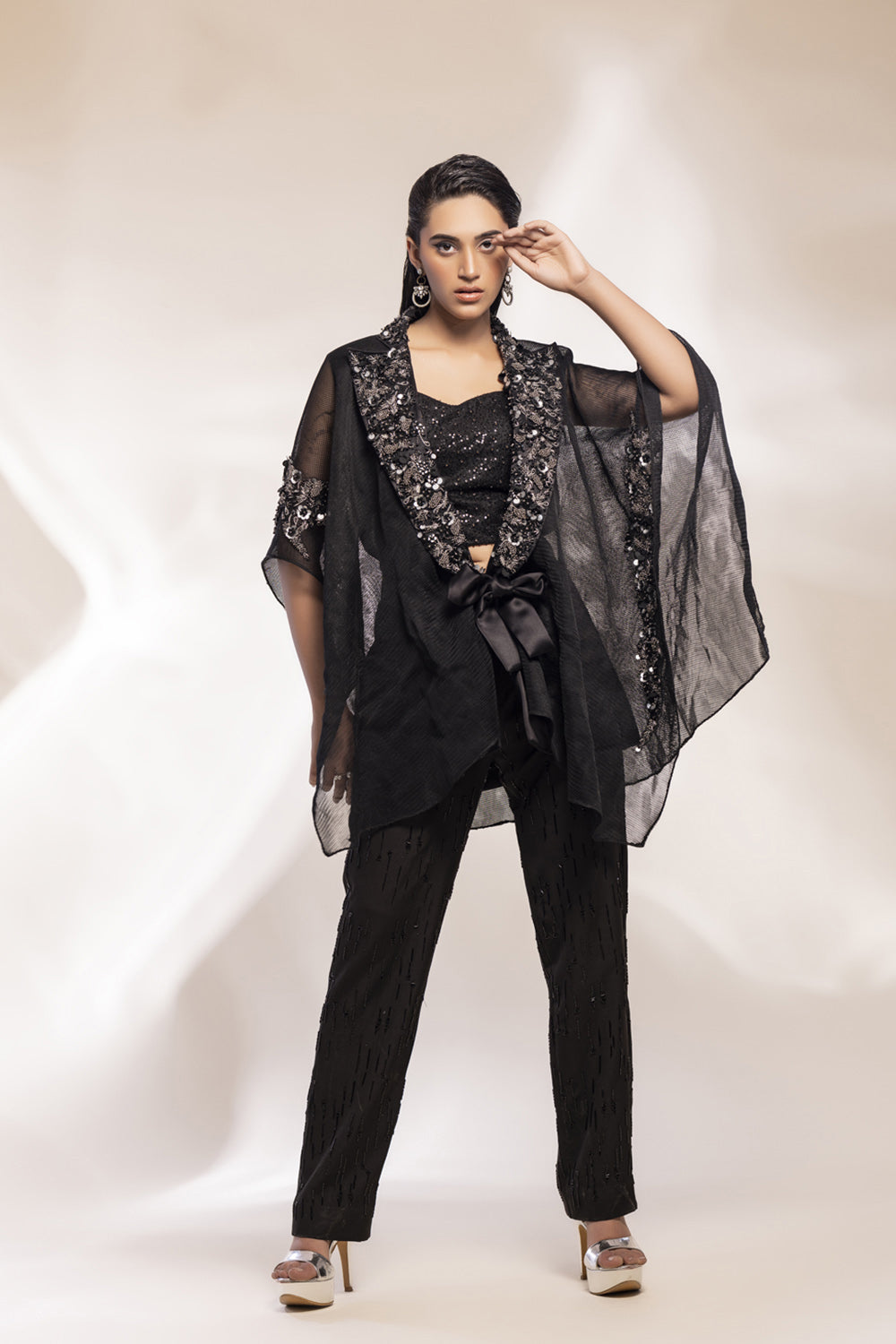 Black Scuba Mesh Kaftan Jacket - Auraya Fashion - Gee Sin by Geetanjali - 