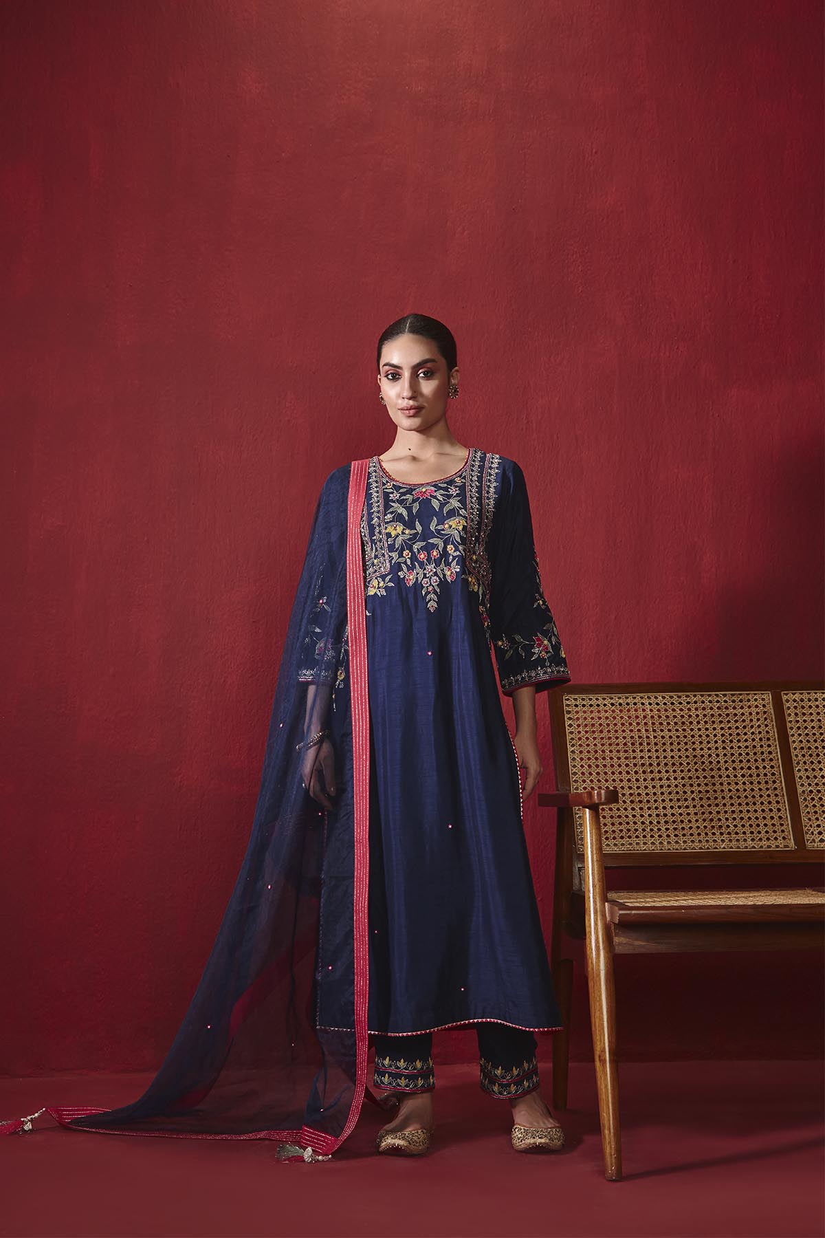 Navy Blue Dupion Silk Kurta Set with Embroidered Organza Dupatta